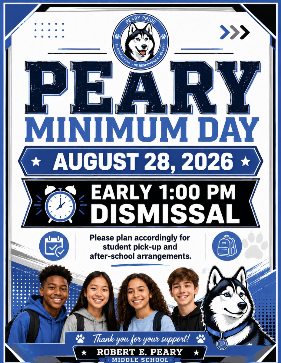 Husky families please note that school dismisses at 1:00pm today.